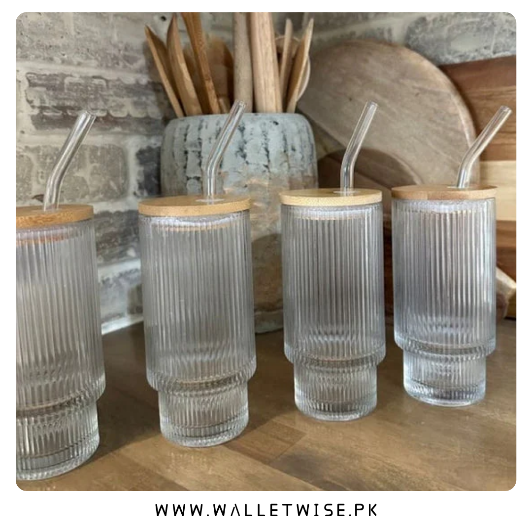 Ribbed Glass Tumbler with Bamboo Lid & Straw – 400ML Drinking Glass
