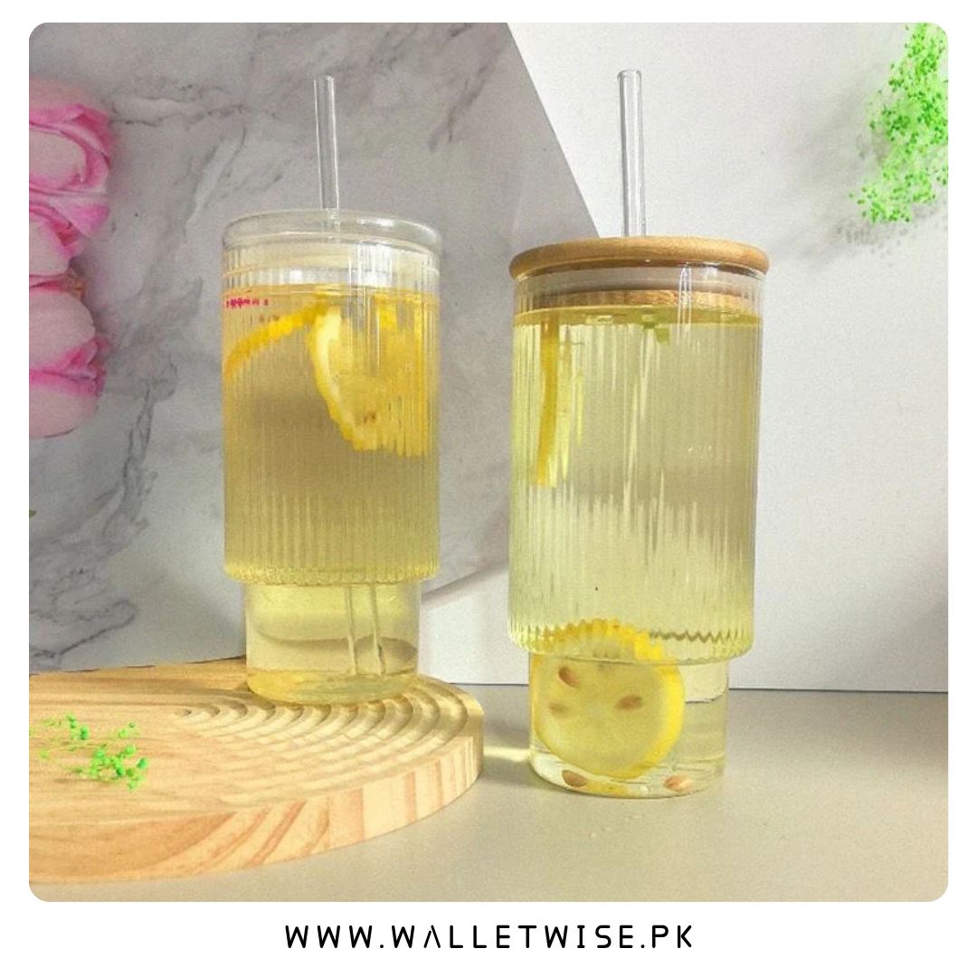 Ribbed Glass Tumbler with Bamboo Lid & Straw – 400ML Drinking Glass