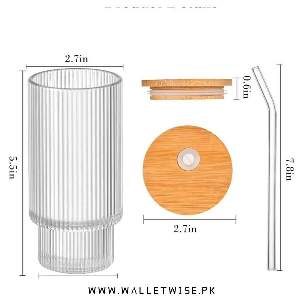Ribbed Glass Tumbler with Bamboo Lid & Straw – 400ML Drinking Glass