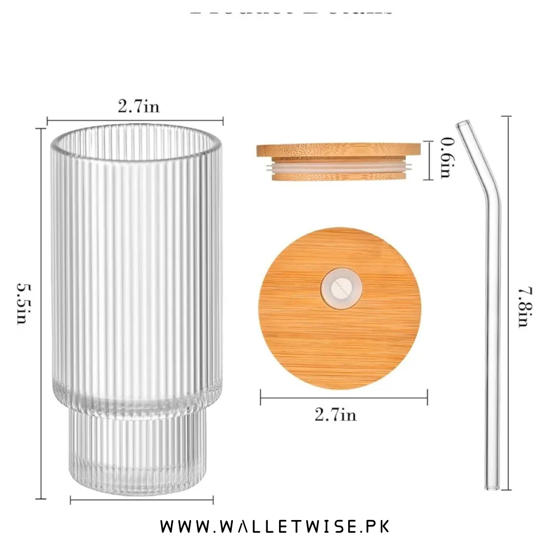 Ribbed Glass Tumbler with Bamboo Lid & Straw – 400ML Drinking Glass