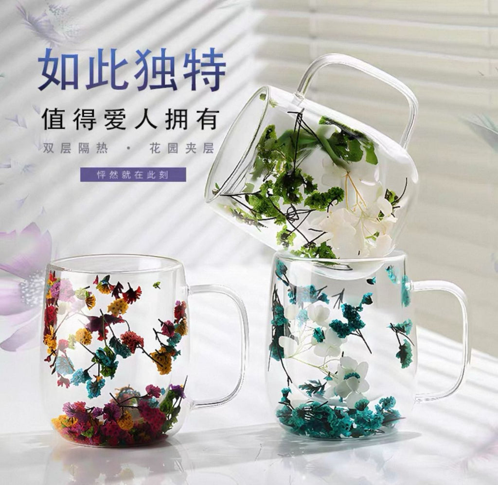 🌸 Double Wall Glass Mug with Dried Flowers (450ml)