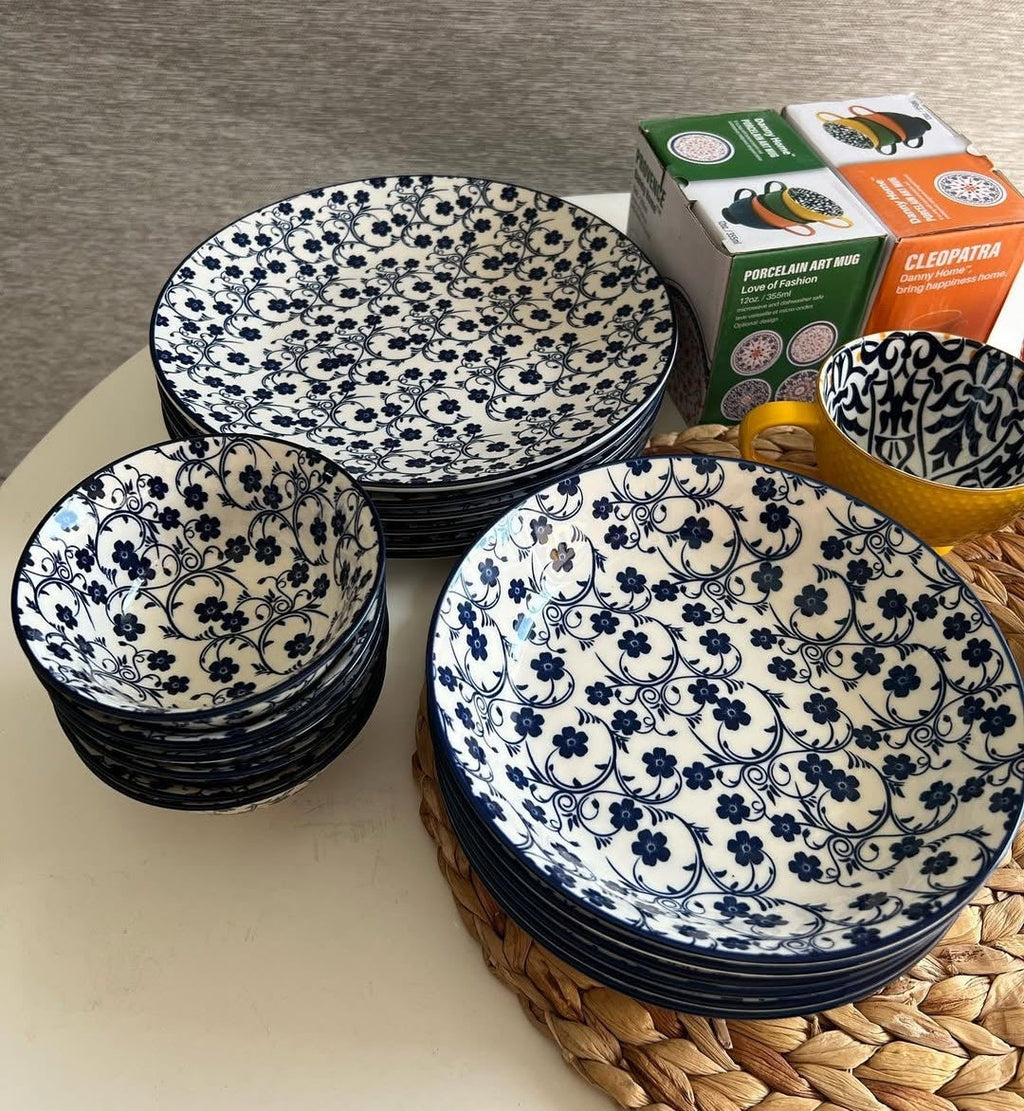 Danny Home Blue Floral Porcelain Deep Plate Collection - My Store