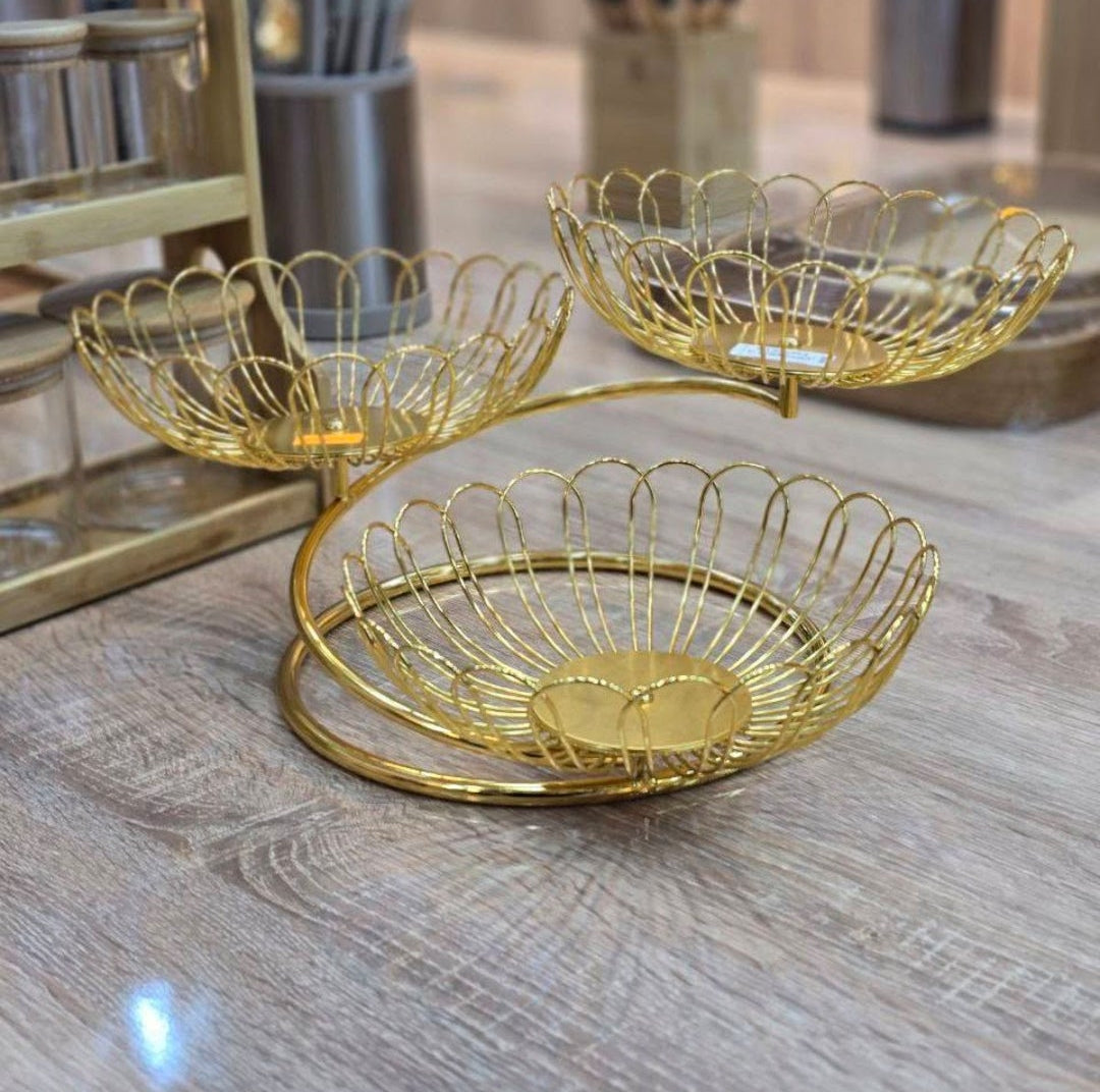 3-Tier Gold Lotus Wire Fruit Basket & Multi-Purpose Serving Stand