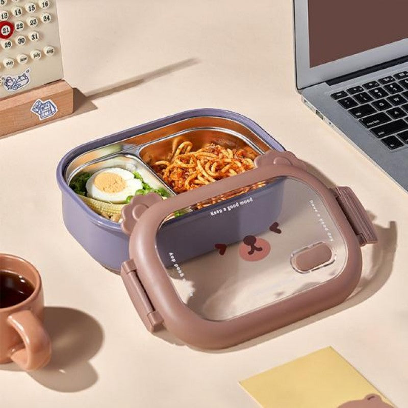 Stainless Steel Children Bento Lunch Box, Bear Cartoon Lunch Box Container Double Sided Lock Design