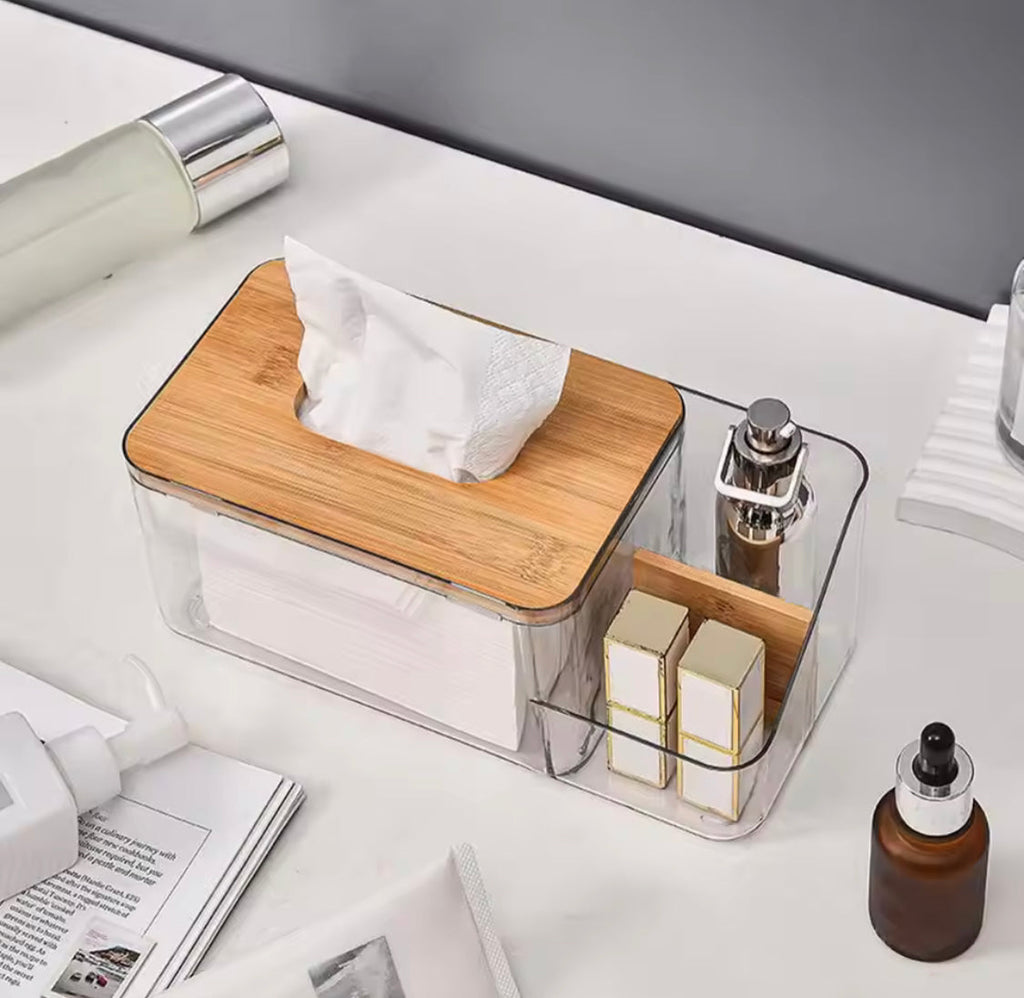Acrylic Tissue Box with Wooden Lid & Remote Control Holder