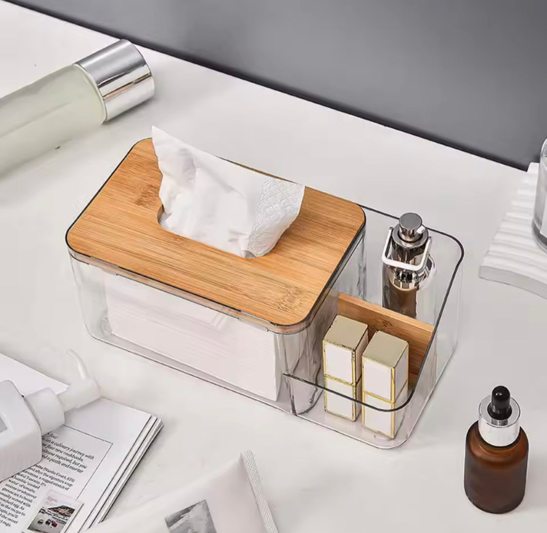Acrylic Tissue Box with Wooden Lid & Remote Control Holder