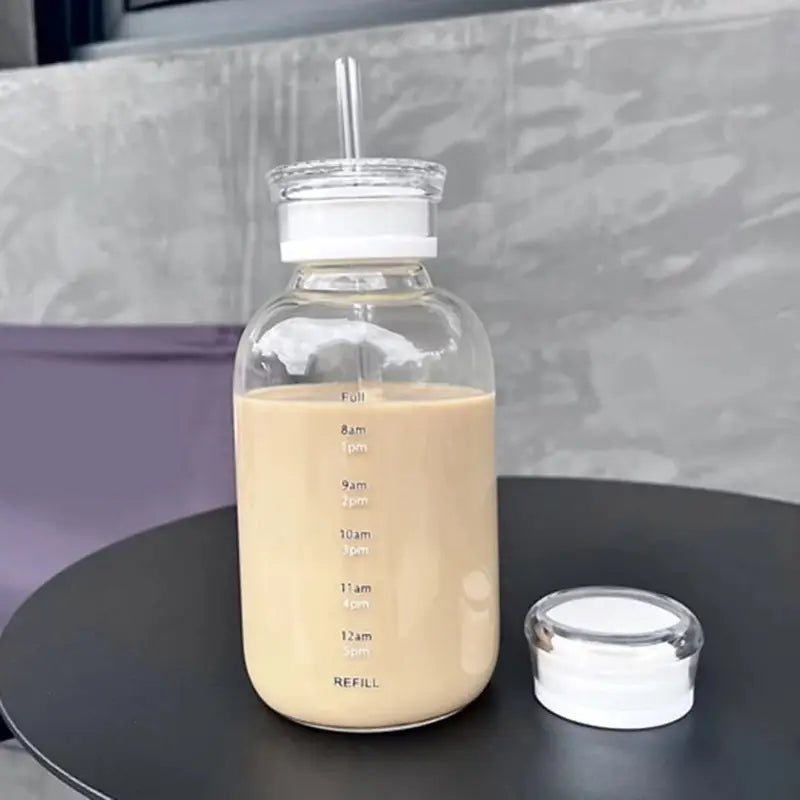 Borosilicate Glass Water Bottle with Dual Lids & Time Markers