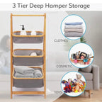 2/3-Tier Natural Bamboo Storage Rack with Fabric Baskets – Foldable & Multi-Purpose