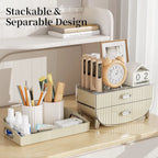 2-Tier Fluted Makeup Organizer with Drawers – Cream & Silver - My Store