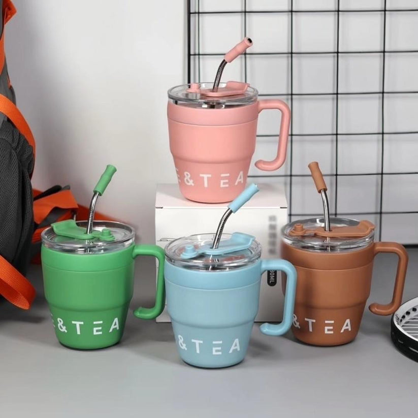 Korean Insulated Stainless Steel Coffe Mug With Straw, 460ml