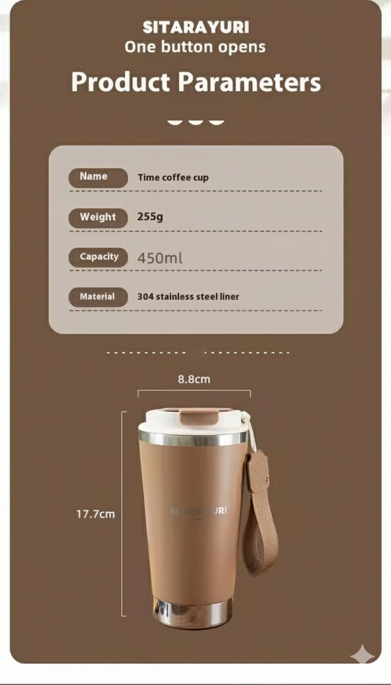 SITARAYURI Time Coffee Cup – 450ml Stainless Steel Travel Mug
