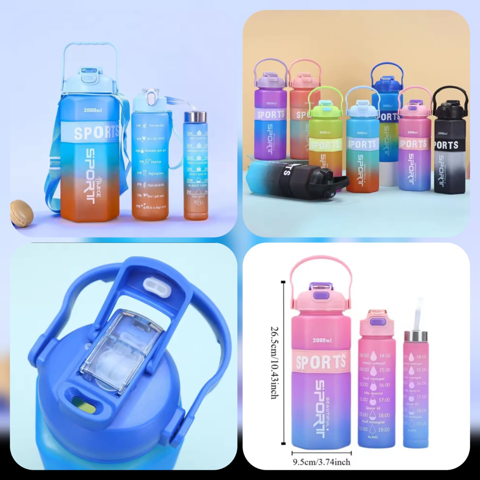 Set of 3 Sport Water Bottles with Straw – Modern Ombre Design - My Store