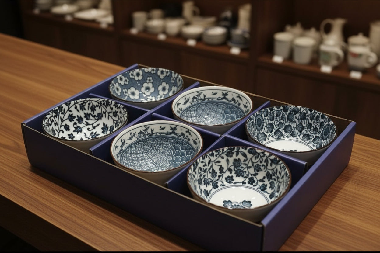 6-Piece Blue & White Ceramic Bowl Set