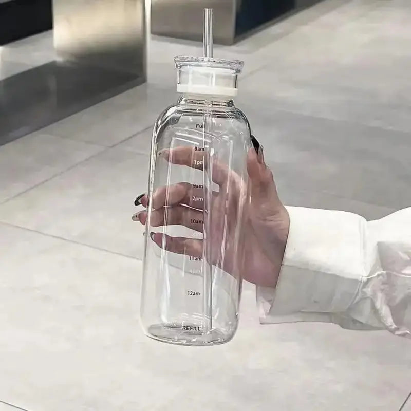 Borosilicate Glass Water Bottle with Dual Lids & Time Markers