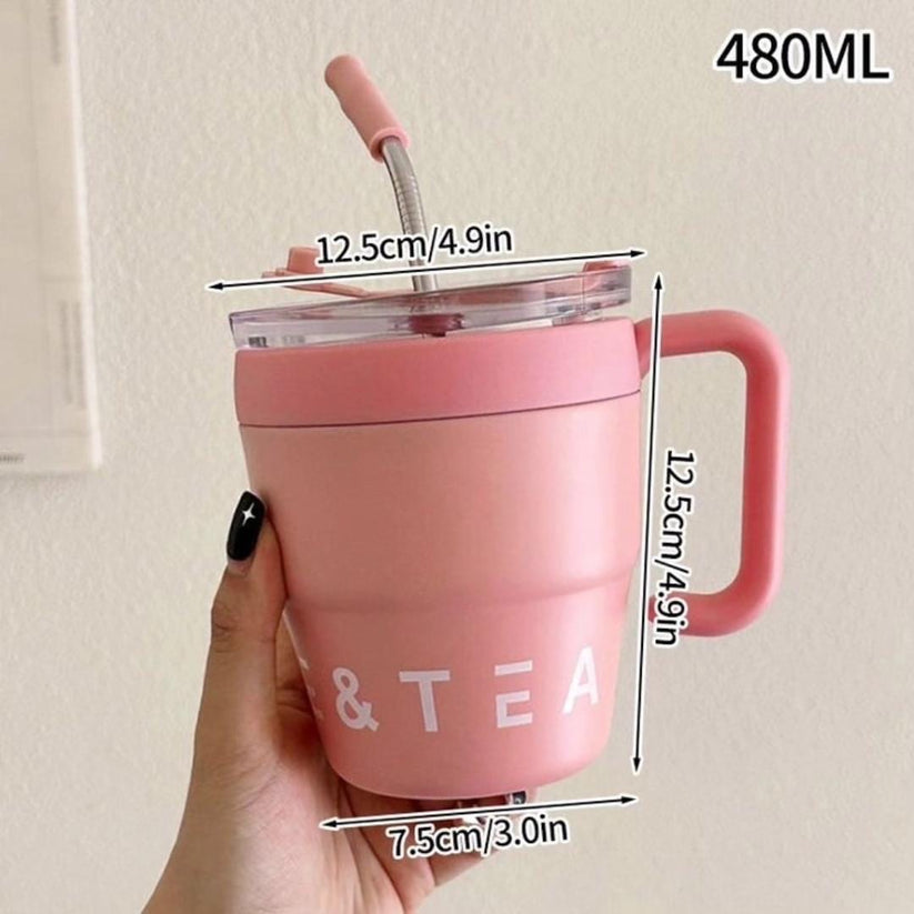 Korean Insulated Stainless Steel Coffe Mug With Straw, 460ml