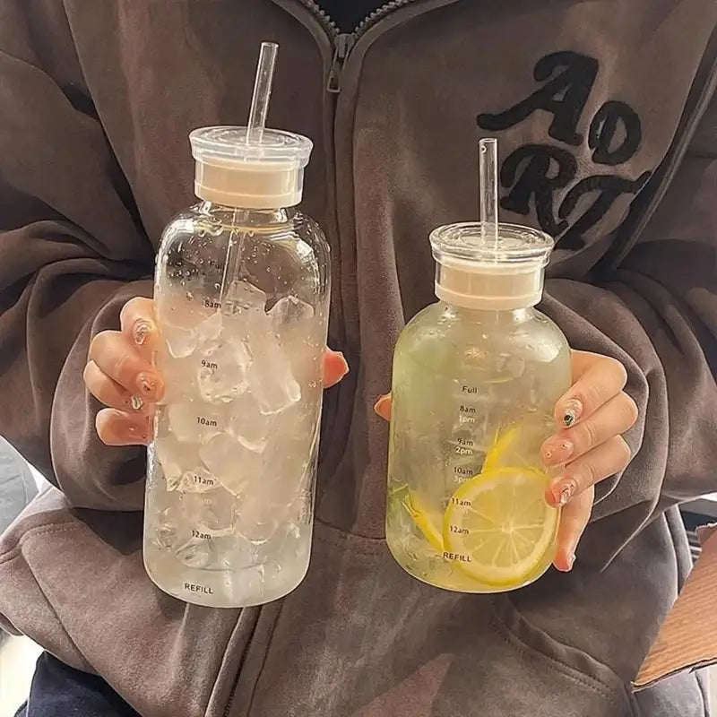 Borosilicate Glass Water Bottle with Dual Lids & Time Markers