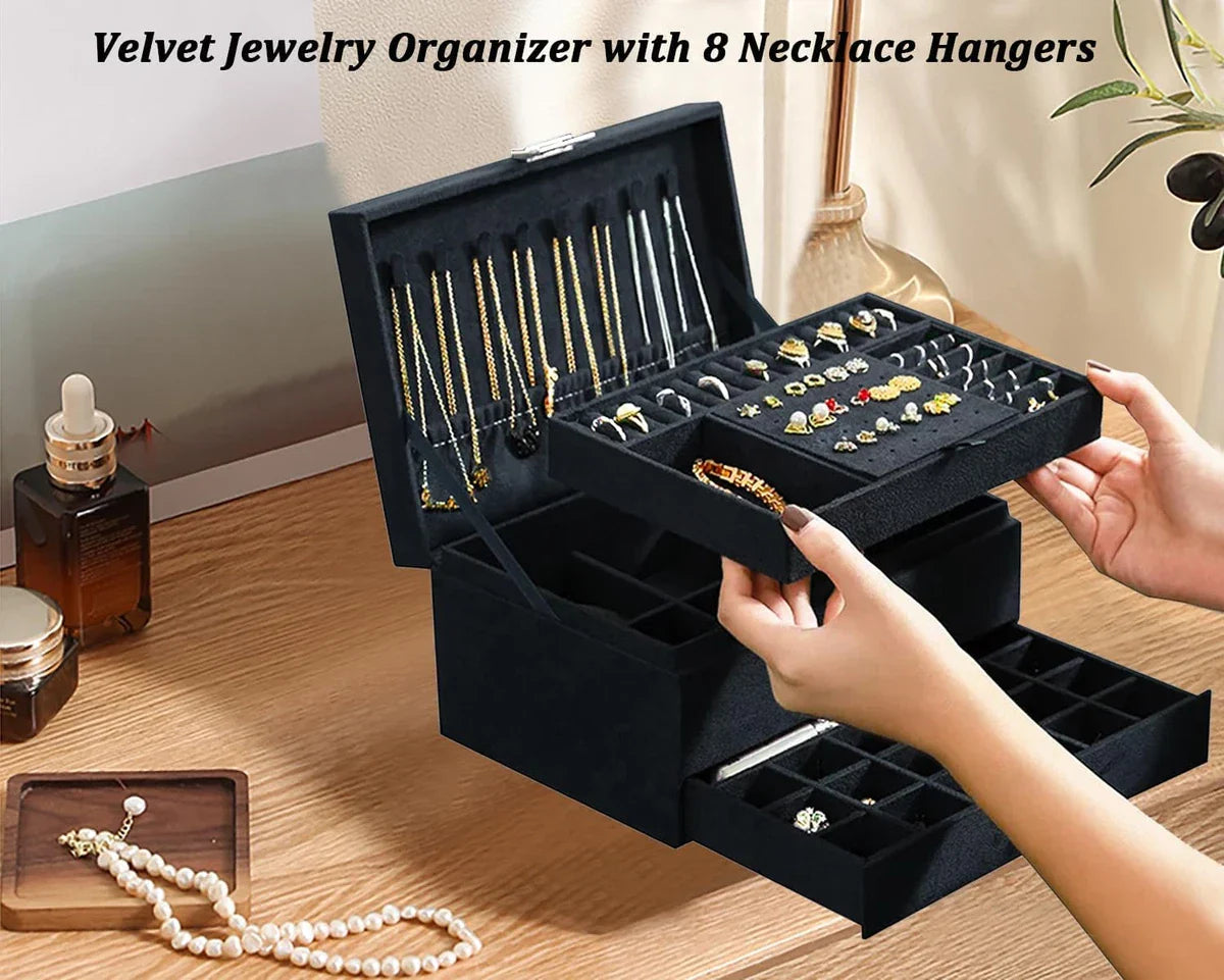 Premium Velvet Jewelry Organizer Box – 3 Layer with Lock - My Store