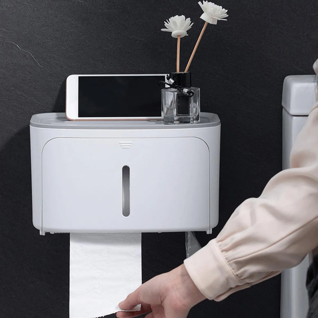 2-Tier Waterproof Wall-Mounted Toilet Paper Holder with Shelf