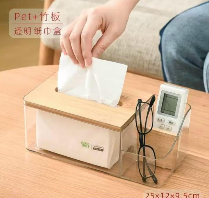 Acrylic Tissue Box with Wooden Lid & Remote Control Holder