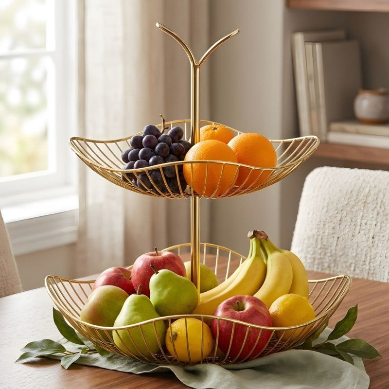 Gold Metal Multi-Layer Swing Fruit Basket Stand (2-Tier) – Elegant Kitchen Organizer