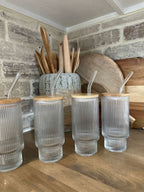 Ribbed Drinking Glasses with Bamboo Lids and Straws  400ML - My Store