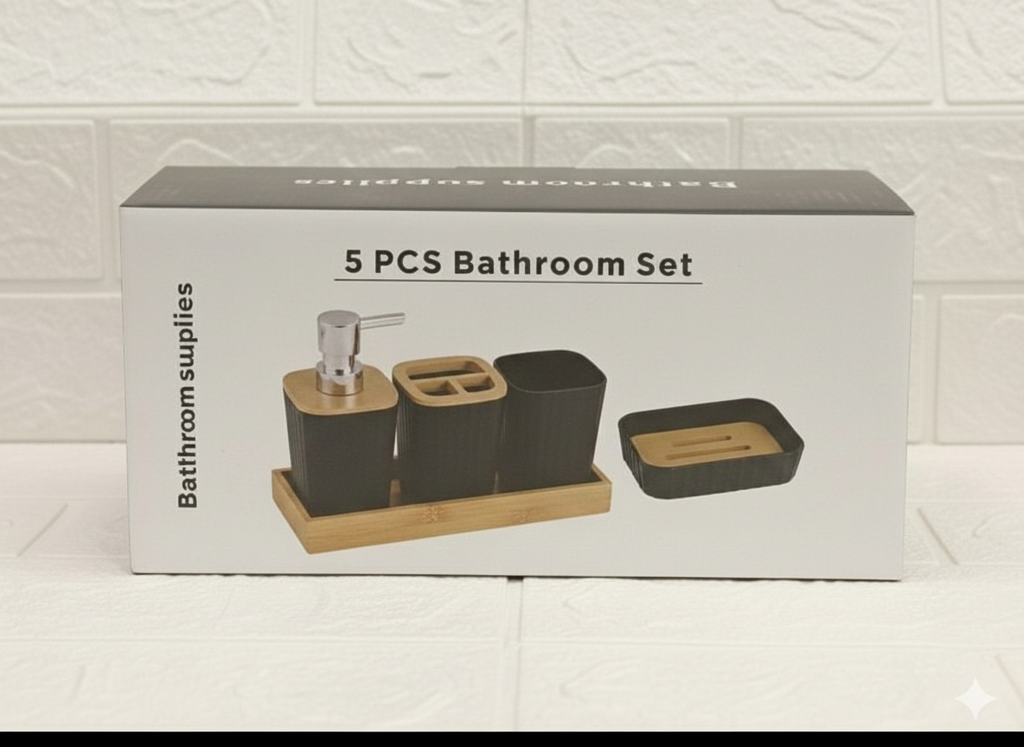 5 PCS Bathroom Accessories Set – Bamboo