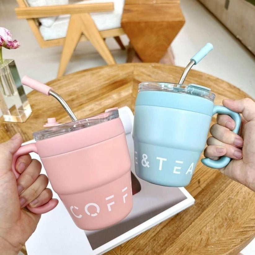 Korean Insulated Stainless Steel Coffe Mug With Straw, 460ml