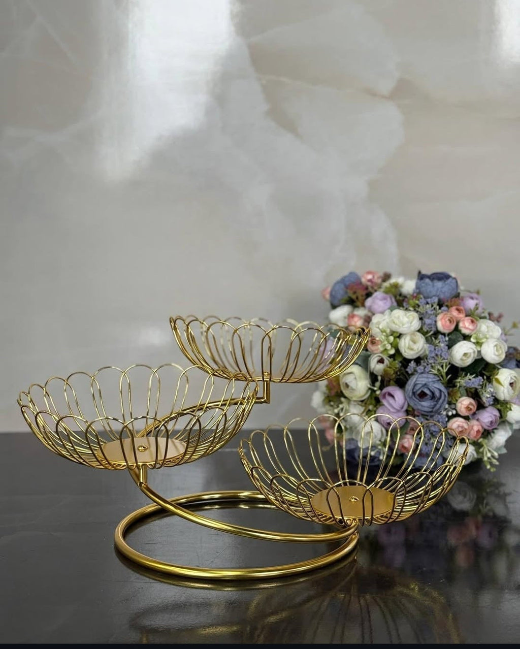 3-Tier Gold Lotus Wire Fruit Basket & Multi-Purpose Serving Stand