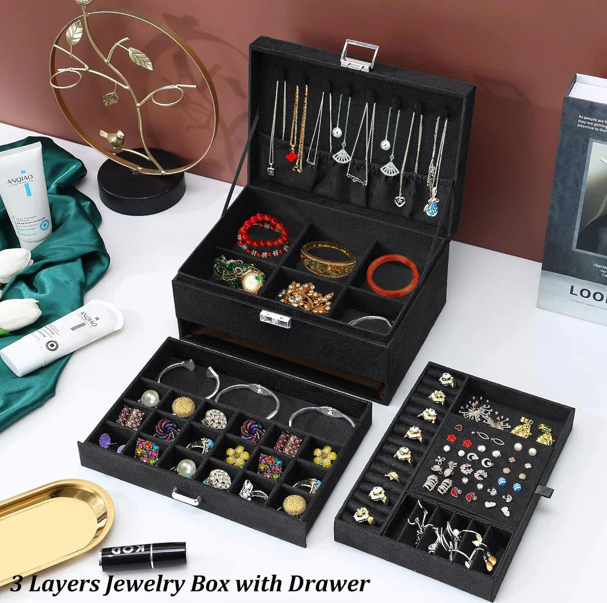 Premium Velvet Jewelry Organizer Box – 3 Layer with Lock - My Store