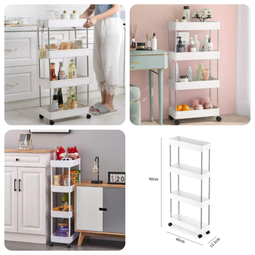 4 Layer Gap Kitchen Storage Trolley Rack Slim Slide Tower Movable Assemble Plastic Bathroom Shelf Wheels