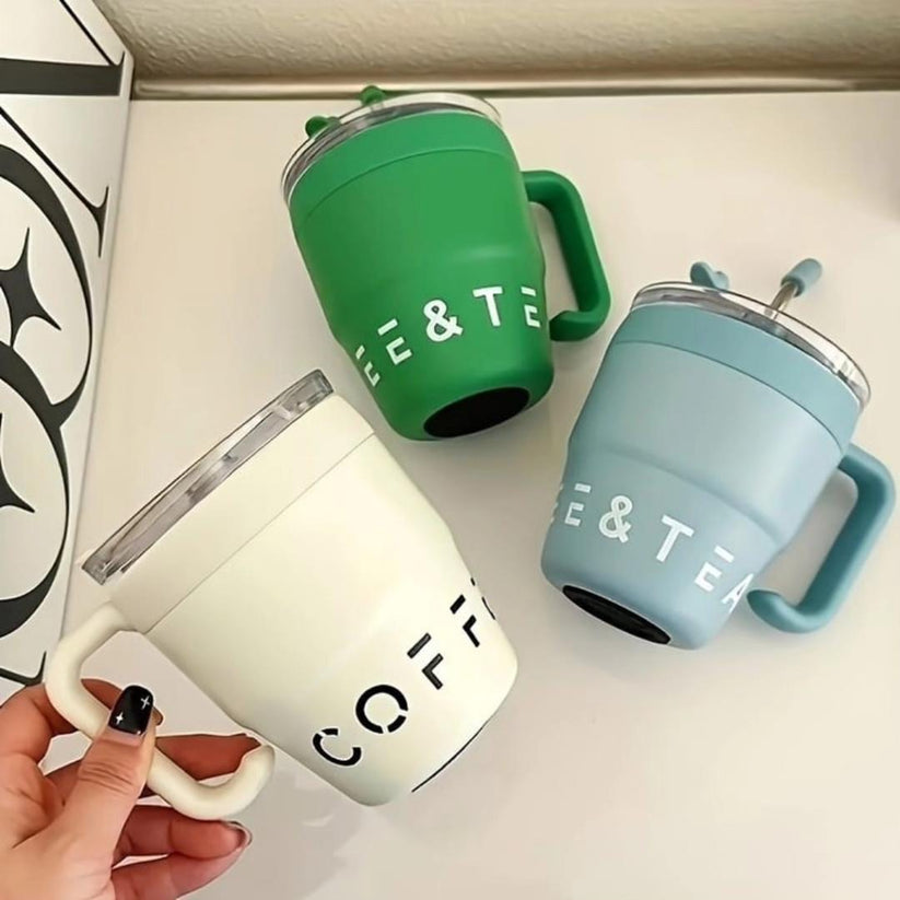 Korean Insulated Stainless Steel Coffe Mug With Straw, 460ml