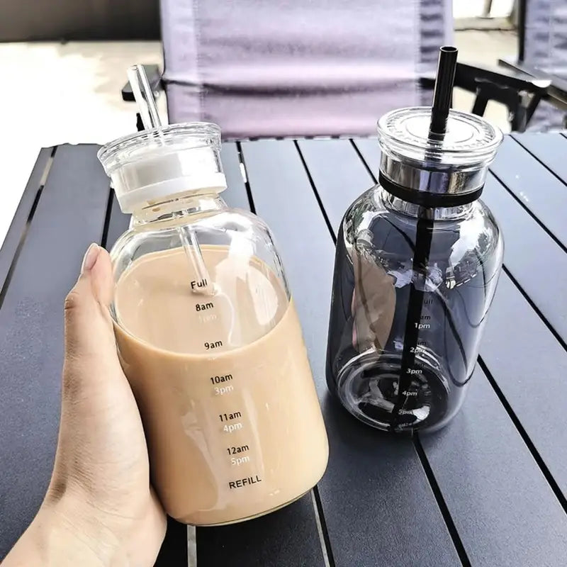 Borosilicate Glass Water Bottle with Dual Lids & Time Markers