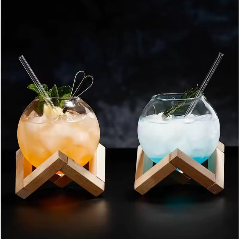 Creative Glass Moon Cup (Orb Shape) with Wooden Stand – 500ml - My Store
