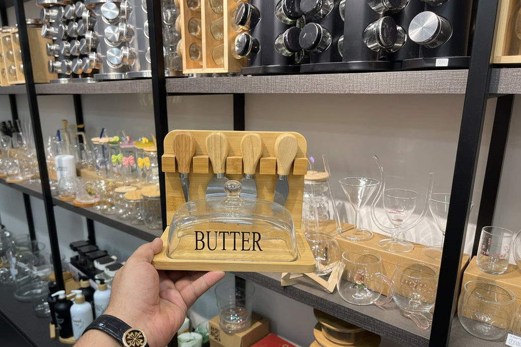 Bamboo Butter & Cheese Board Set with Glass Dome - My Store