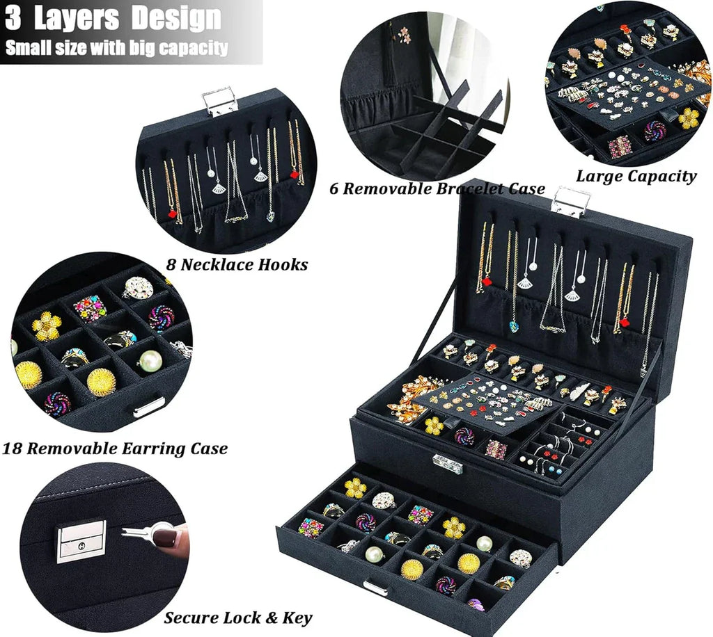Premium Velvet Jewelry Organizer Box – 3 Layer with Lock - My Store