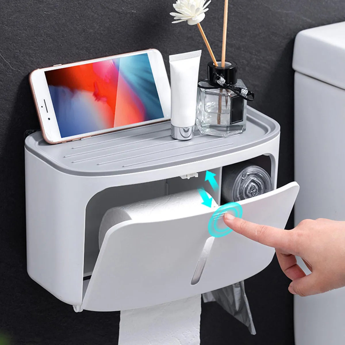 2-Tier Waterproof Wall-Mounted Toilet Paper Holder with Shelf