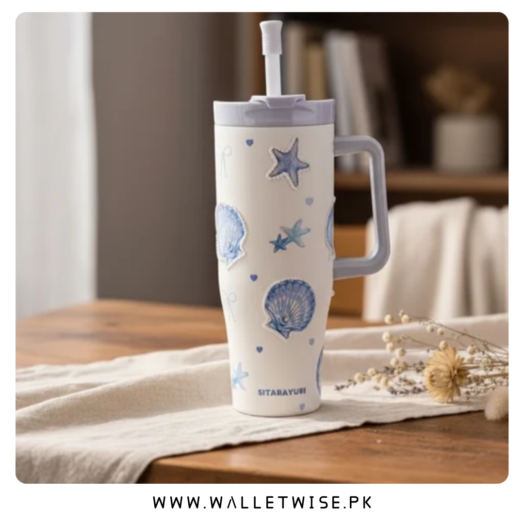 SITARAYURI 1000ml 3D Ocean Shell Pearl Straw Tumbler – Insulated Stainless Steel Cup