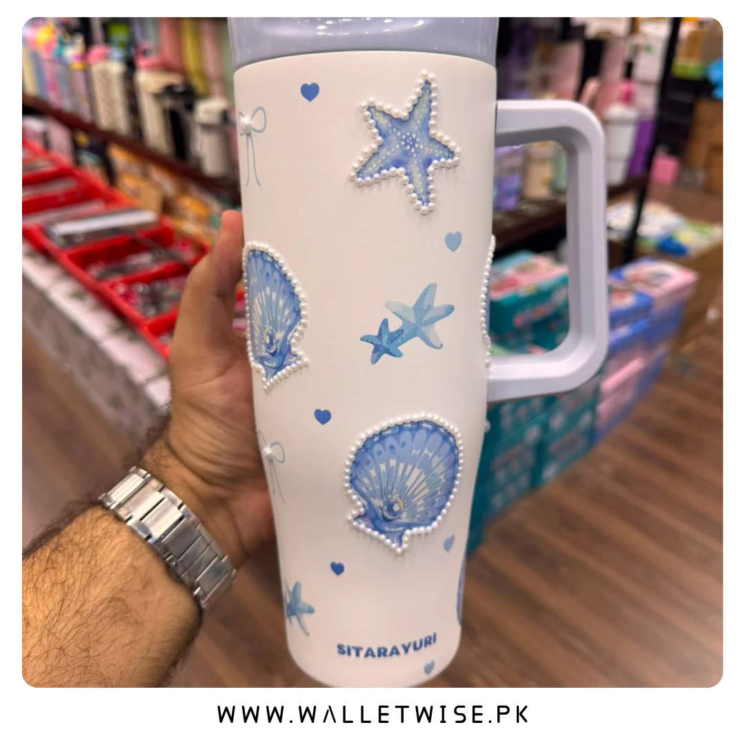 SITARAYURI 1000ml 3D Ocean Shell Pearl Straw Tumbler – Insulated Stainless Steel Cup