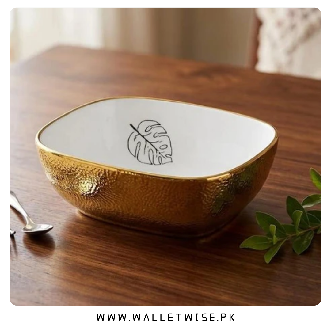 Super Dine Bowl – Premium Gold Ceramic Serving Bowl with Monstera Leaf Design (8 Inch)