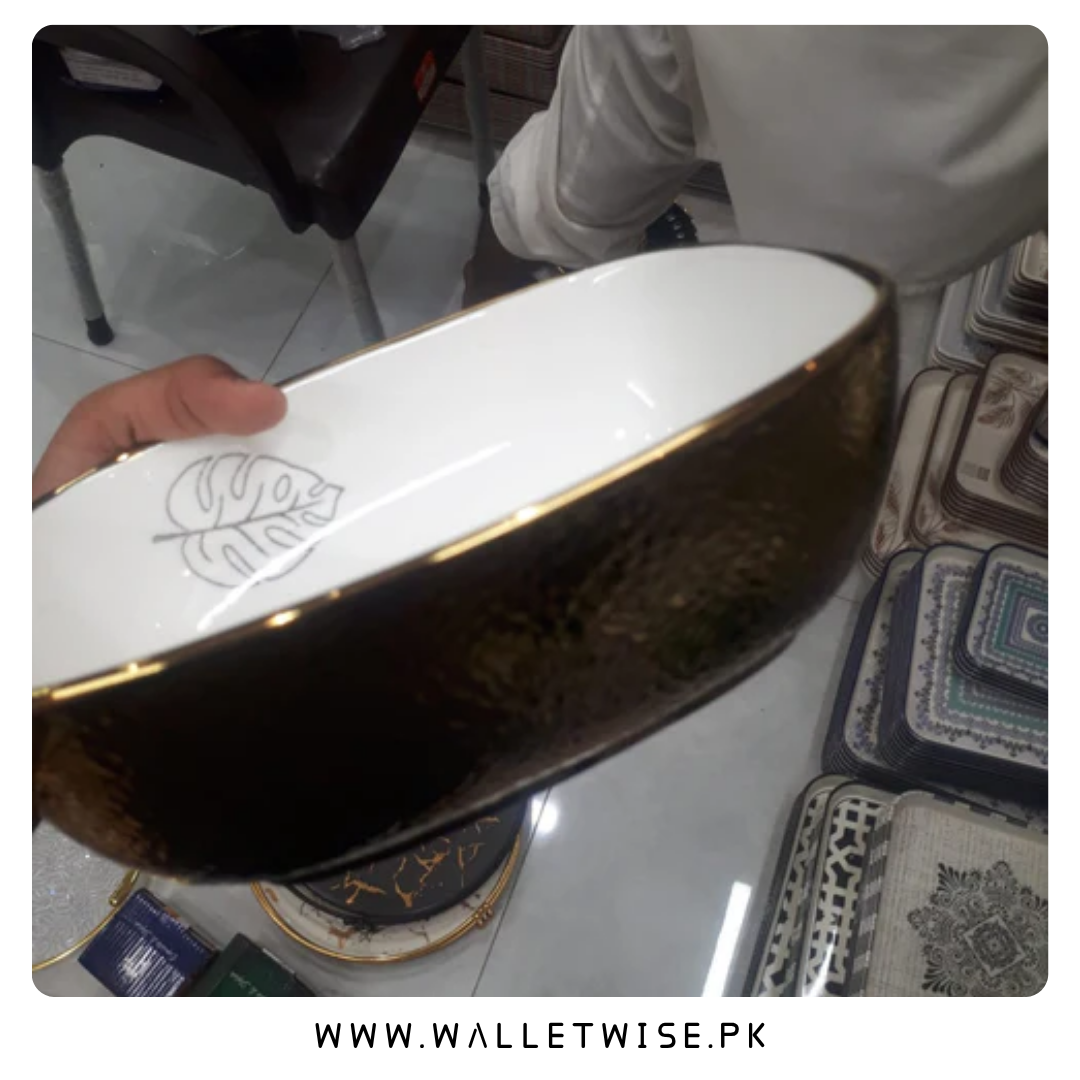 Super Dine Bowl – Premium Gold Ceramic Serving Bowl with Monstera Leaf Design (8 Inch)