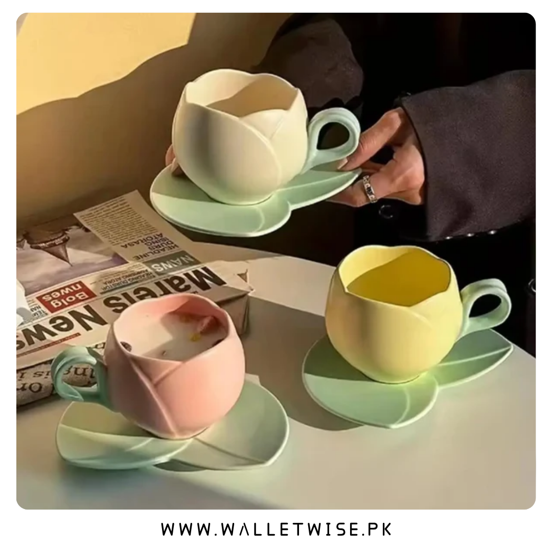 Tulip Ceramic Coffee Cup & Leaf Saucer Set (200–250ml)