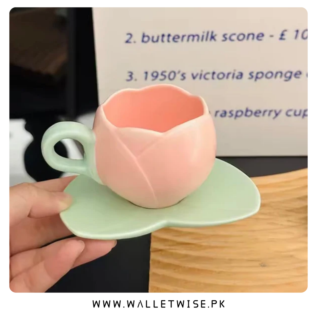 Tulip Ceramic Coffee Cup & Leaf Saucer Set (200–250ml)
