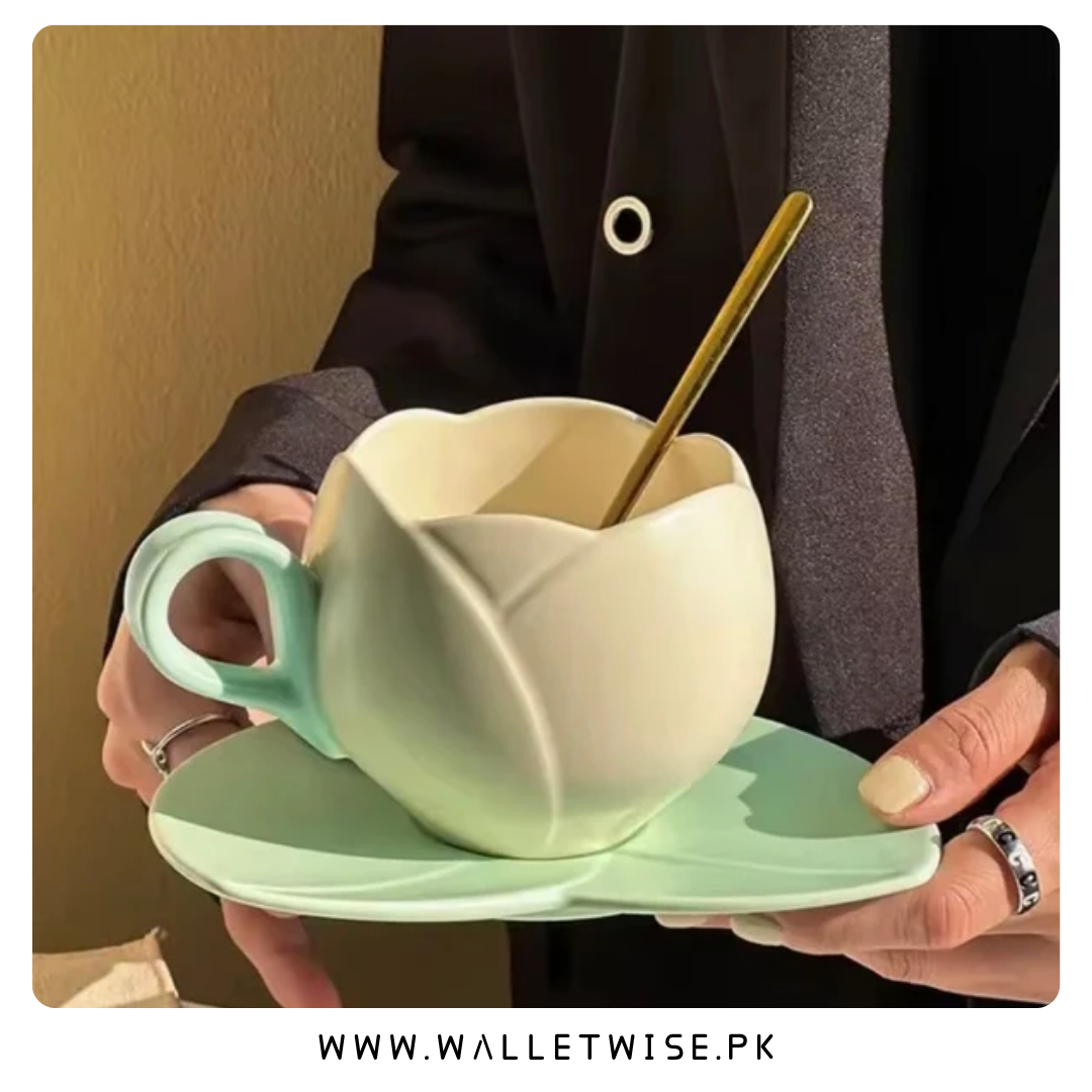 Tulip Ceramic Coffee Cup & Leaf Saucer Set (200–250ml)