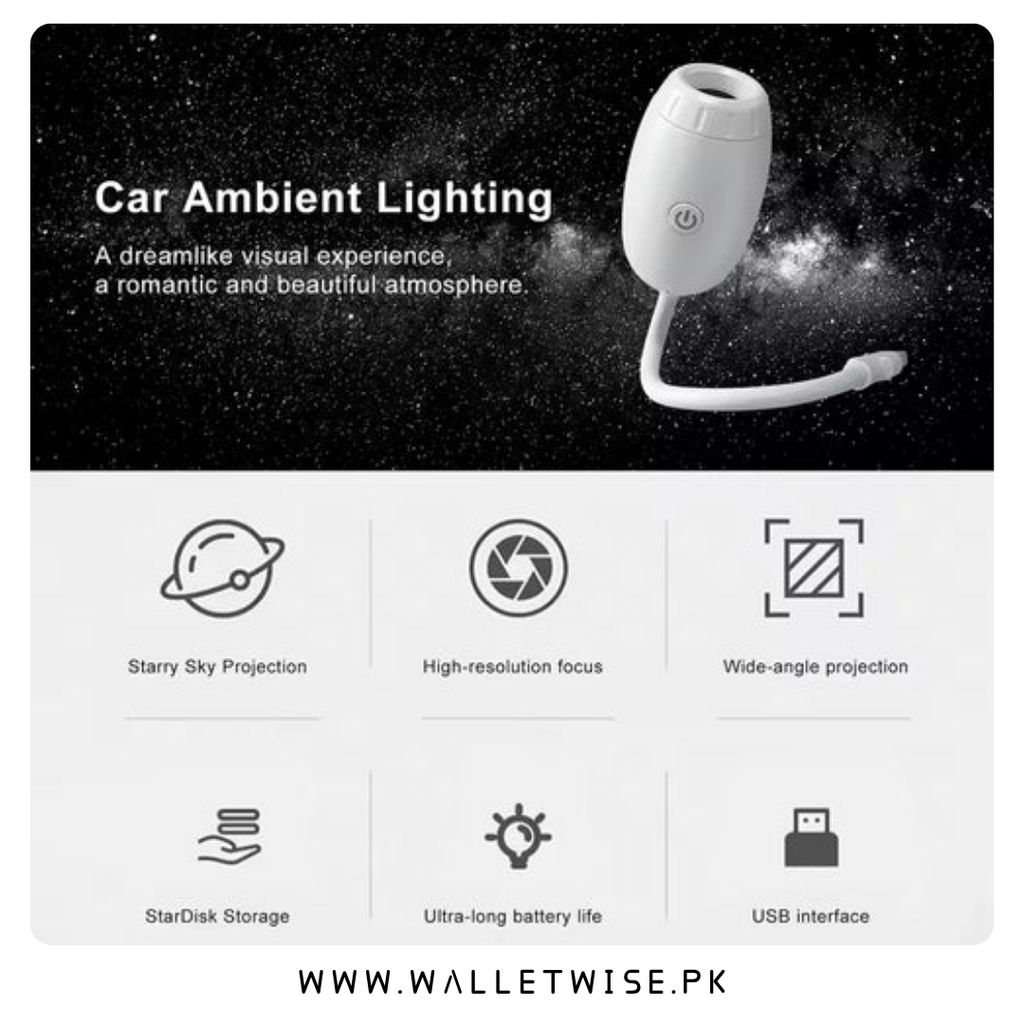 USB Car Starry Sky Galaxy Projector Light – 360° Flexible LED Ambient Interior Light