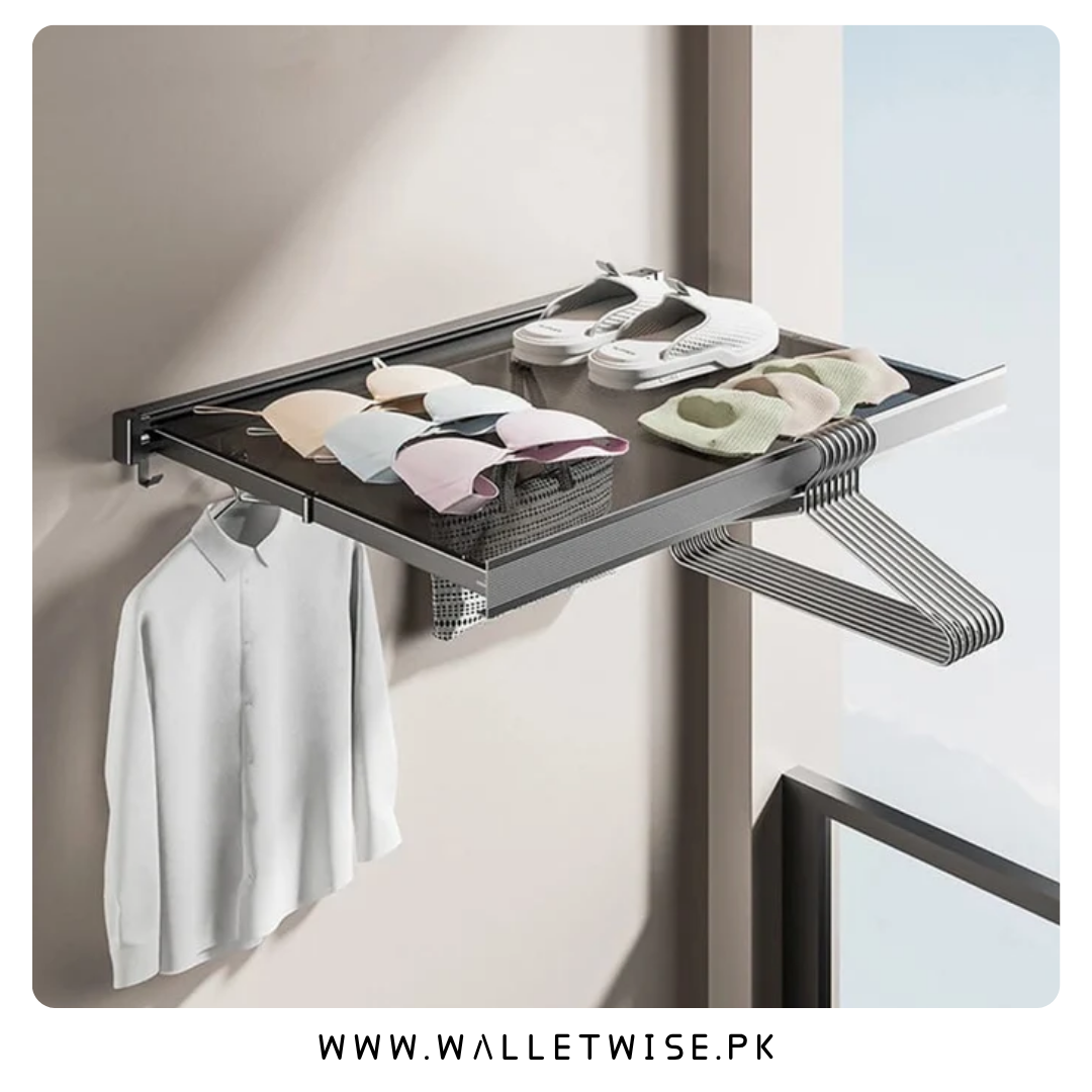Retractable Clothes Drying Rack With Template, Wall Mount Mesh Breathable Aluminium Laundry Drying Rack, Windproof Hole Design, Indoor-Outdoor Use, Mesh Laundry Drying Rack Bathroom Shelf