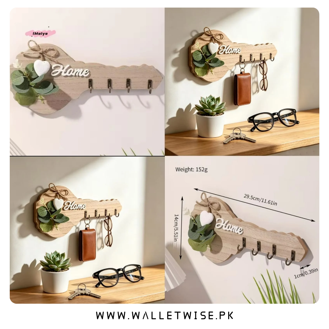 Wooden Wall Key Holder with 4 Hooks – Decorative Key-Shaped Organizer