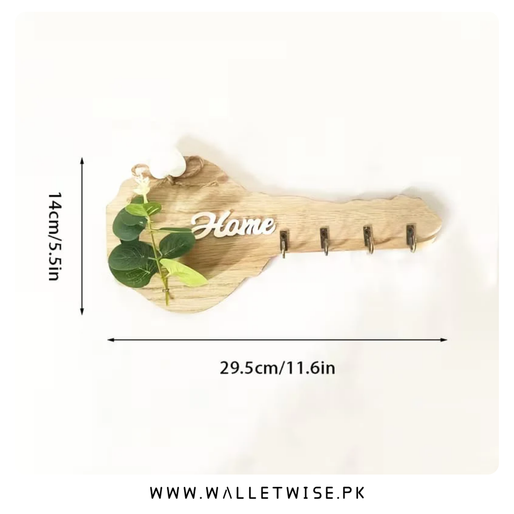 Wooden Wall Key Holder with 4 Hooks – Decorative Key-Shaped Organizer