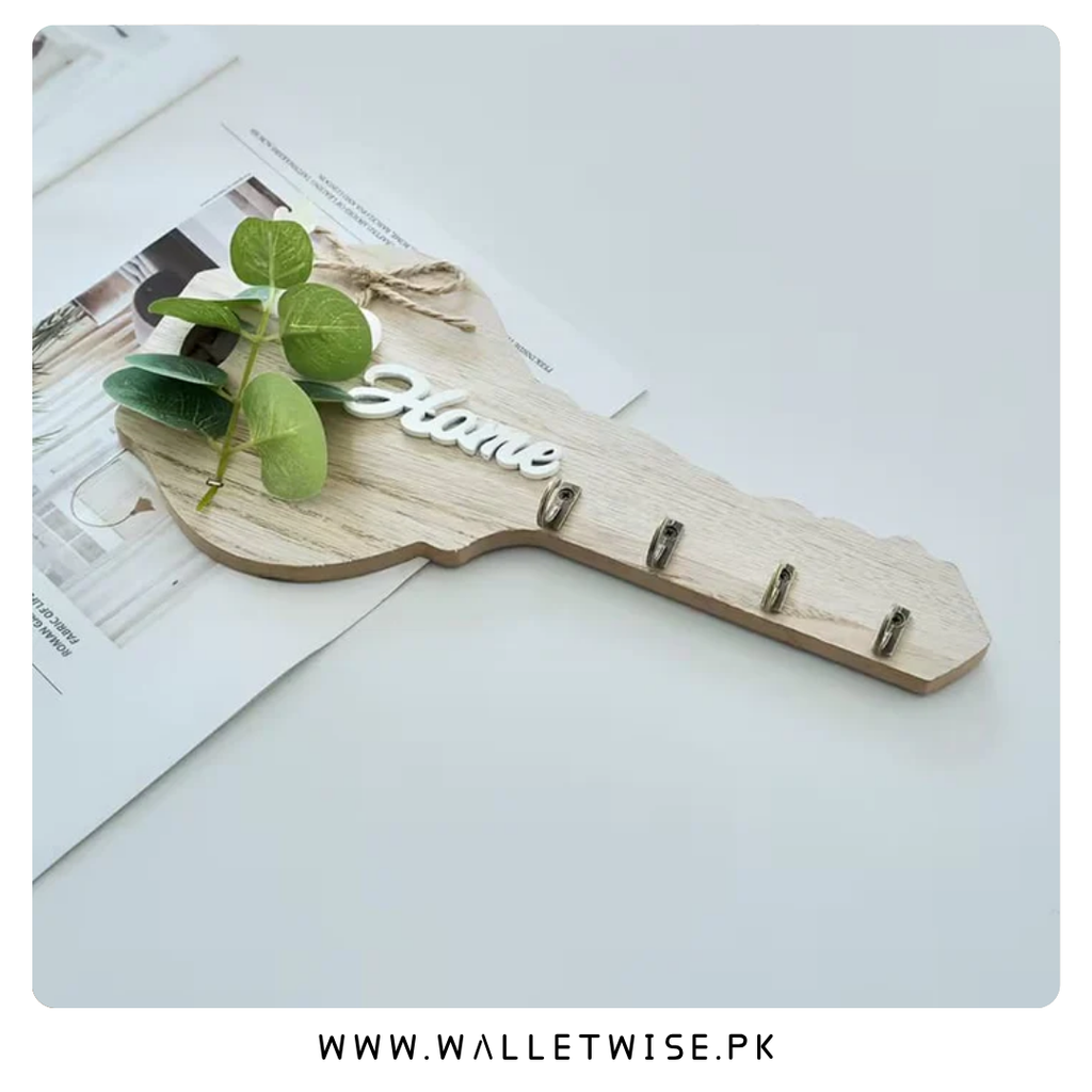 Wooden Wall Key Holder with 4 Hooks – Decorative Key-Shaped Organizer