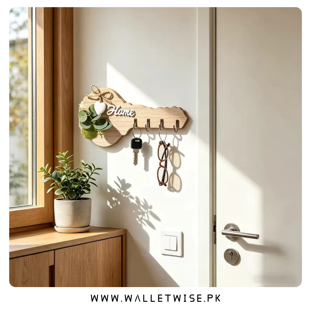 Wooden Wall Key Holder with 4 Hooks – Decorative Key-Shaped Organizer